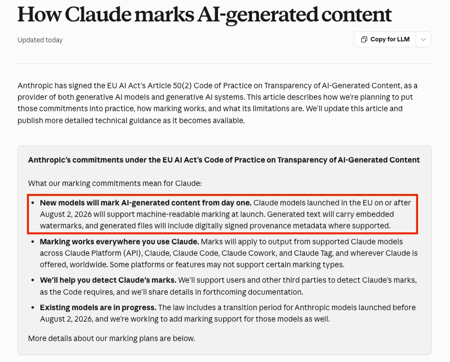 ¿Qué significa la marca de agua en contenido IA que va a aplicar Claude?
